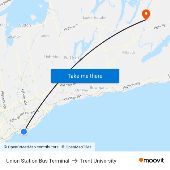 Union Station Bus Terminal to Trent University map