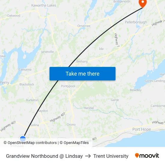 Grandview Northbound @ Lindsay to Trent University map