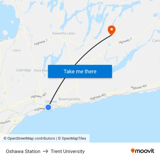 Oshawa Station to Trent University map