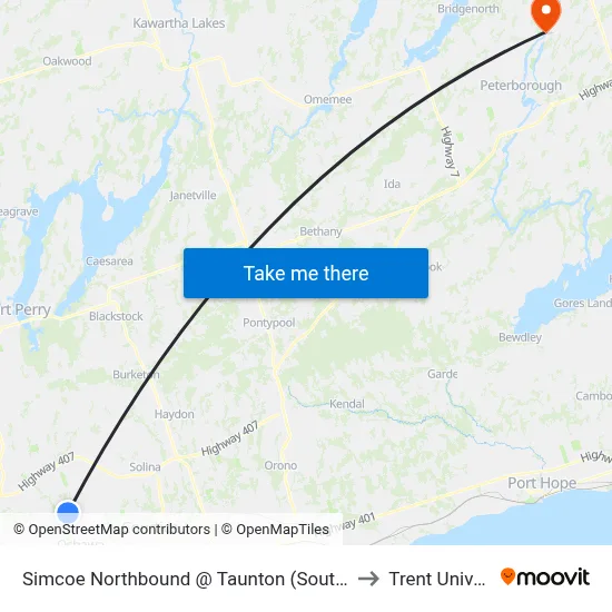 Simcoe Northbound @ Taunton (South Side Stop) to Trent University map