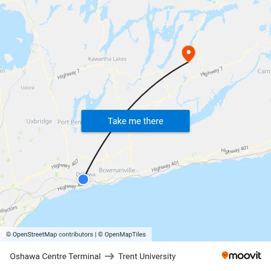 Oshawa Centre Terminal to Trent University map