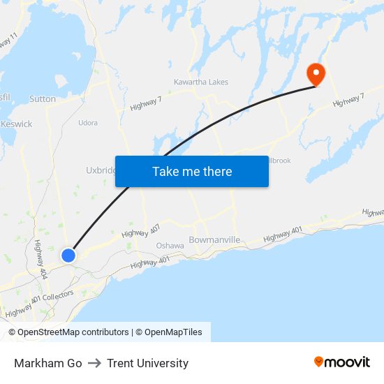 Markham Go to Trent University map