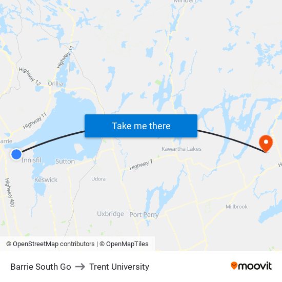 Barrie South Go to Trent University map