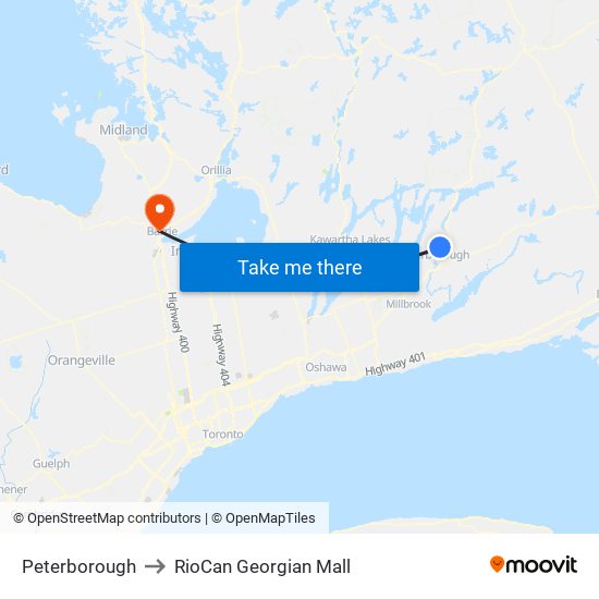 Peterborough to RioCan Georgian Mall map