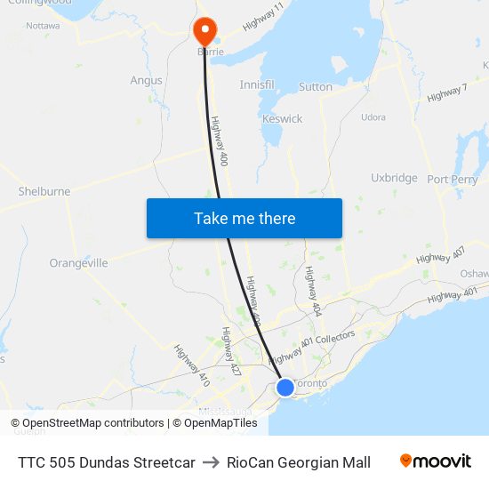 TTC 505 Dundas Streetcar to RioCan Georgian Mall map