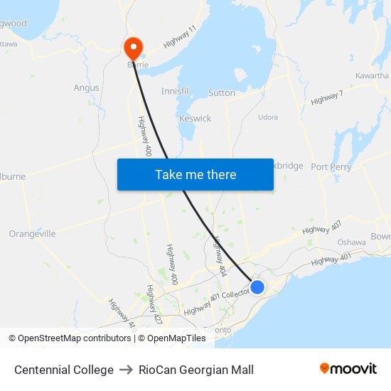 Centennial College to RioCan Georgian Mall map