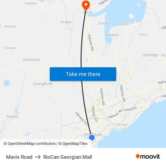 Mavis Road to RioCan Georgian Mall map