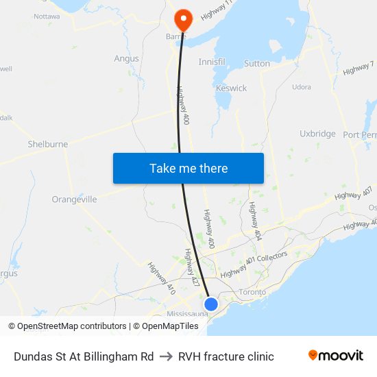 Dundas St At Billingham Rd to RVH fracture clinic map