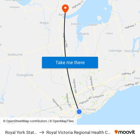 Royal York Station to Royal Victoria Regional Health Centre map