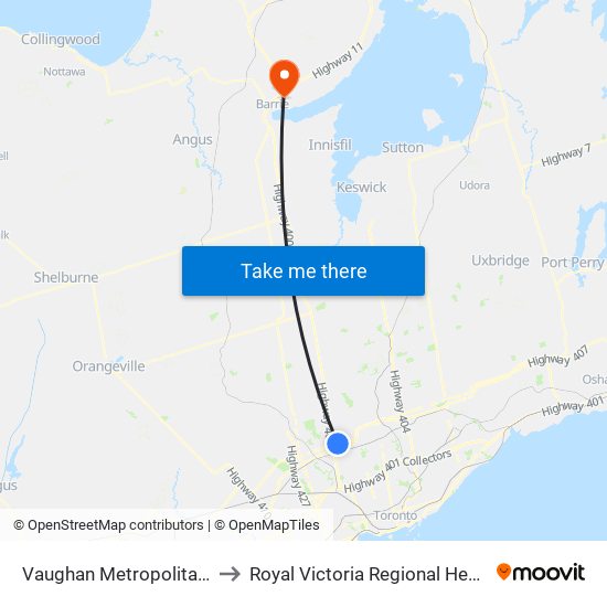 Vaughan Metropolitan Centre to Royal Victoria Regional Health Centre map