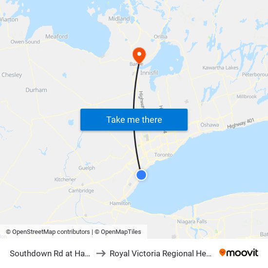 Southdown Rd at Hartland Dr to Royal Victoria Regional Health Centre map