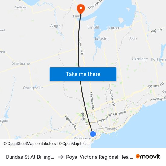 Dundas St At Billingham Rd to Royal Victoria Regional Health Centre map