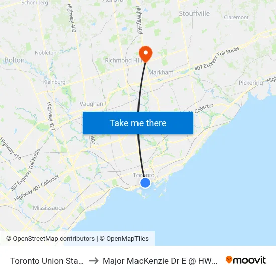 Toronto Union Station to Major MacKenzie Dr E @ HWY 404 map