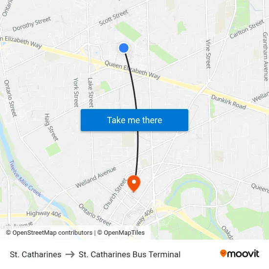 St. Catharines to St. Catharines Bus Terminal map