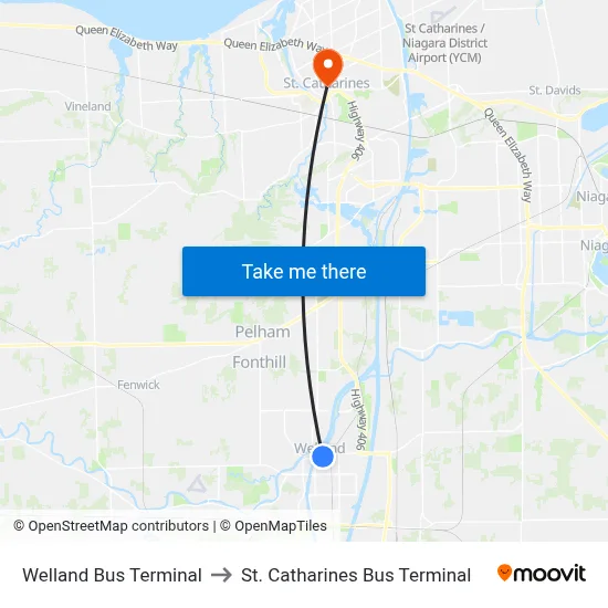 Welland Bus Terminal to St. Catharines Bus Terminal map
