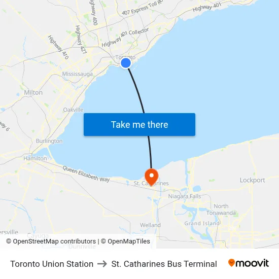 Toronto Union Station to St. Catharines Bus Terminal map