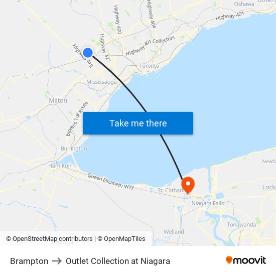 Brampton to Outlet Collection at Niagara map