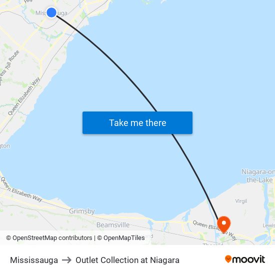 Mississauga to Outlet Collection at Niagara map