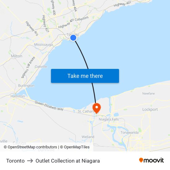 Toronto to Outlet Collection at Niagara map