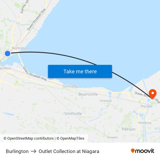 Burlington to Outlet Collection at Niagara map