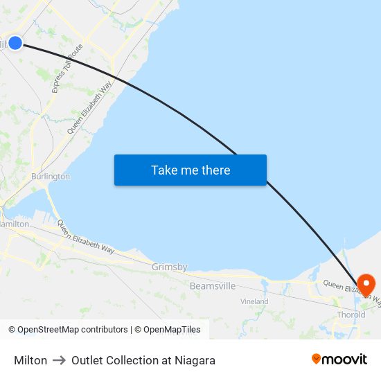 Milton to Outlet Collection at Niagara map