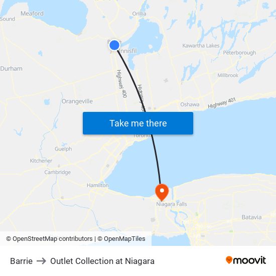 Barrie to Outlet Collection at Niagara map