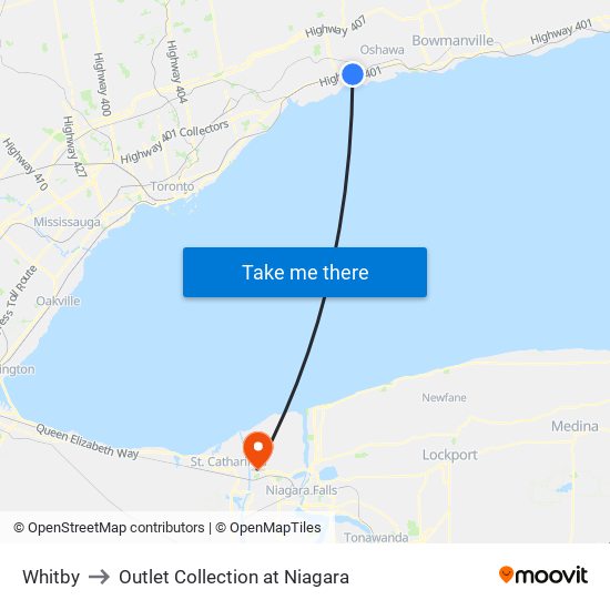 Whitby to Outlet Collection at Niagara map