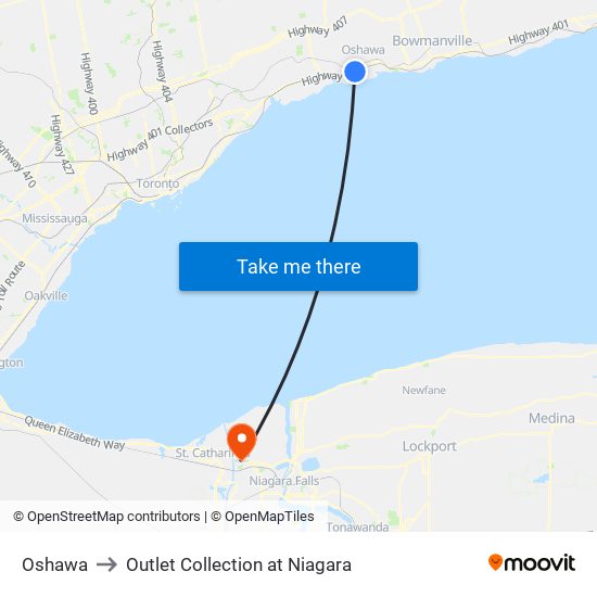 Oshawa to Outlet Collection at Niagara map