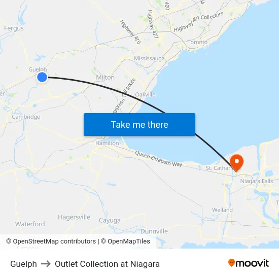 Guelph to Outlet Collection at Niagara map