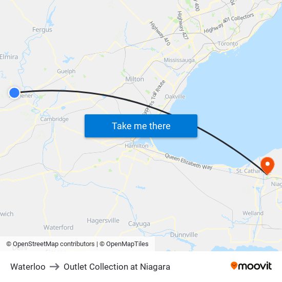 Waterloo to Outlet Collection at Niagara map