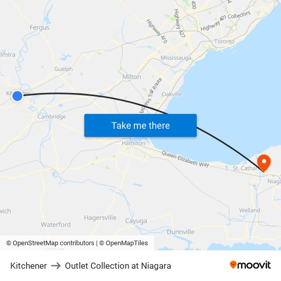 Kitchener to Outlet Collection at Niagara map