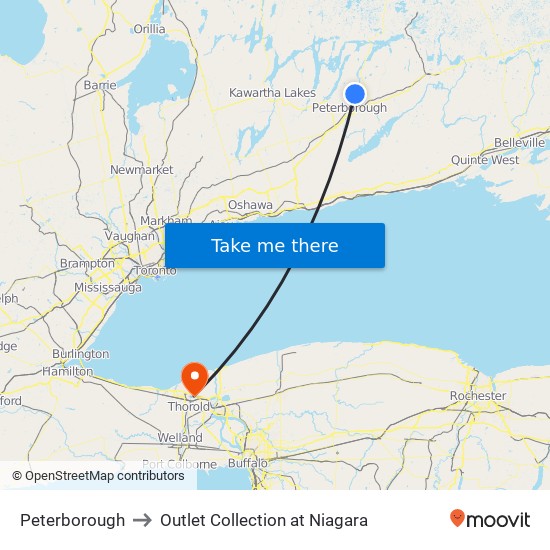 Peterborough to Outlet Collection at Niagara map