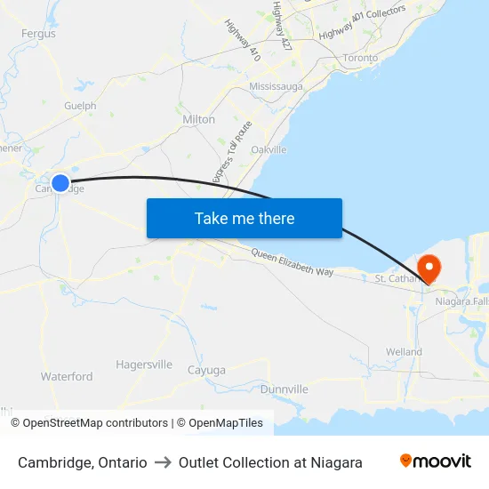 Cambridge, Ontario to Outlet Collection at Niagara map