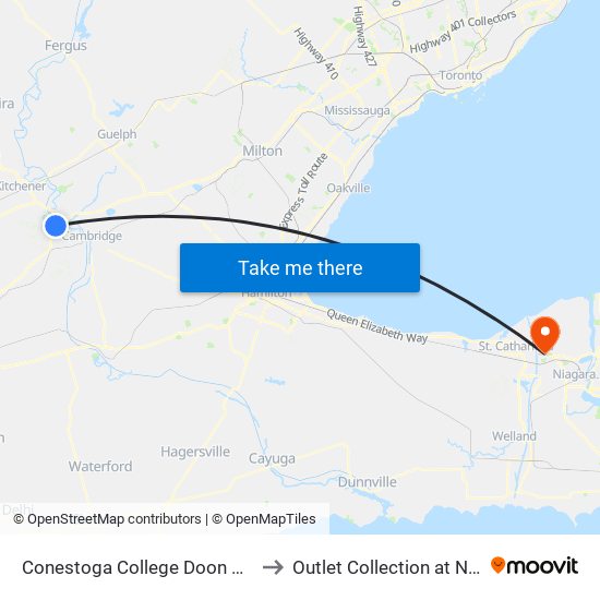 Conestoga College Doon Campus to Outlet Collection at Niagara map