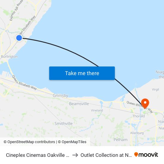 Cineplex Cinemas Oakville and VIP to Outlet Collection at Niagara map