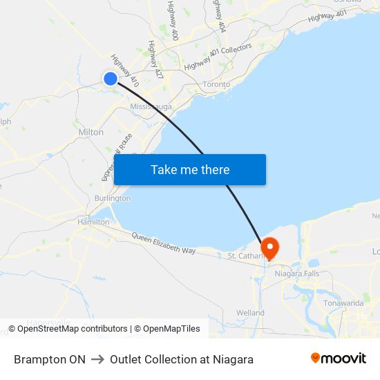 Brampton ON to Outlet Collection at Niagara map