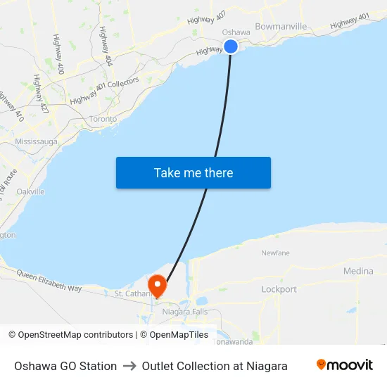 Oshawa GO Station to Outlet Collection at Niagara map