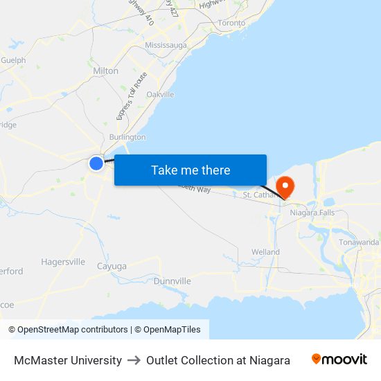 McMaster University to Outlet Collection at Niagara map