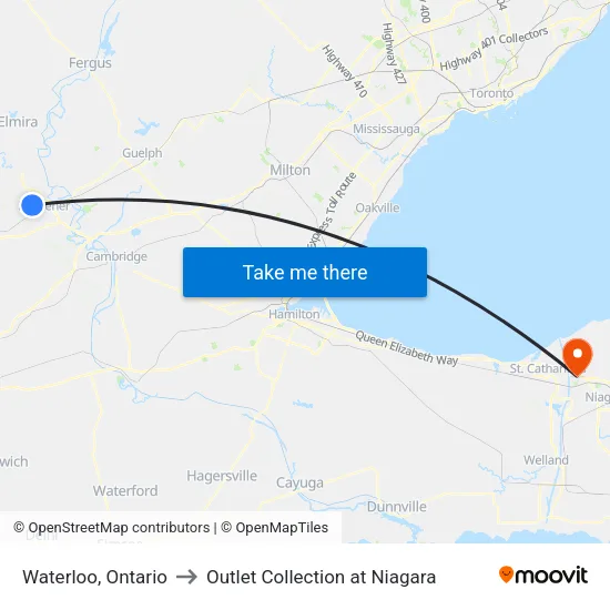 Waterloo, Ontario to Outlet Collection at Niagara map