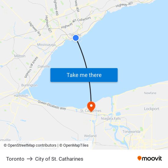 Toronto to City of St. Catharines map