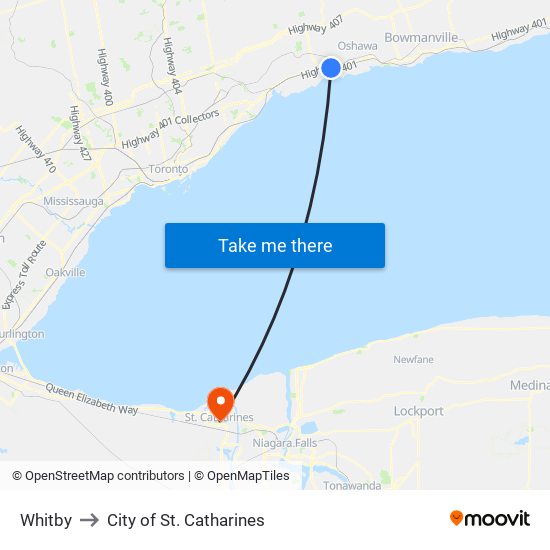 Whitby to City of St. Catharines map