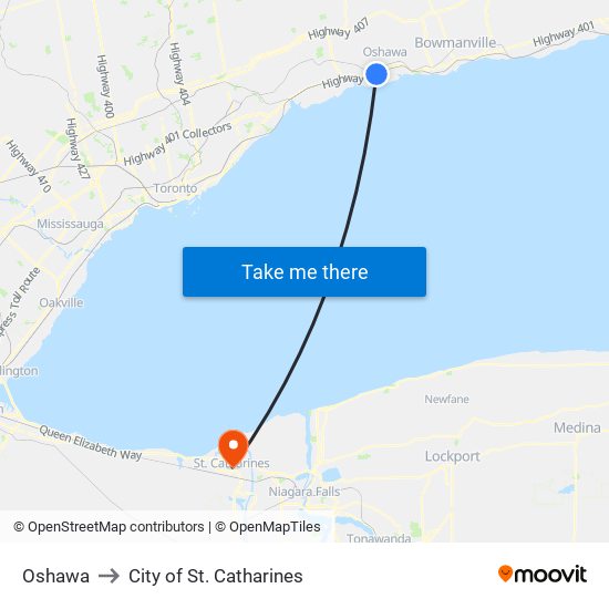 Oshawa to City of St. Catharines map