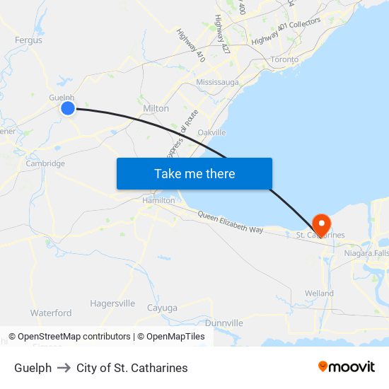 Guelph to City of St. Catharines map