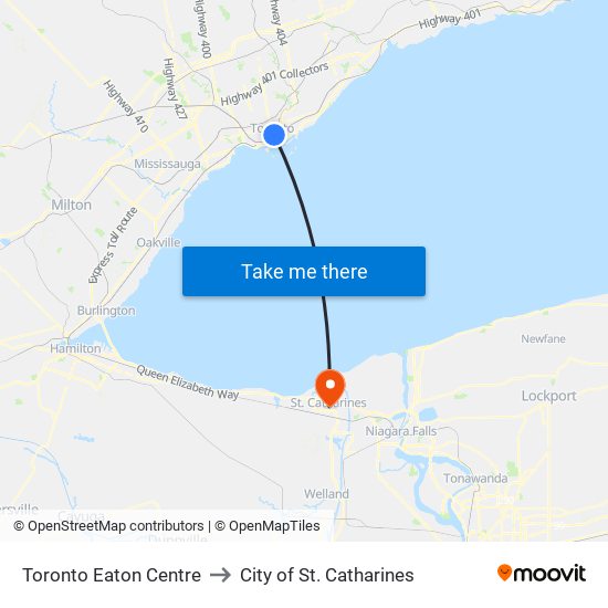 Toronto Eaton Centre to City of St. Catharines map