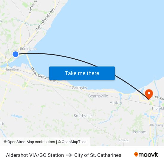 Aldershot VIA/GO Station to City of St. Catharines map