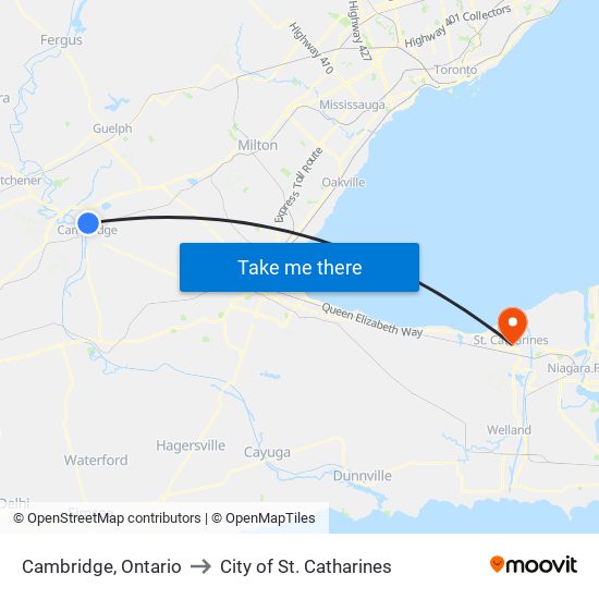 Cambridge, Ontario to City of St. Catharines map