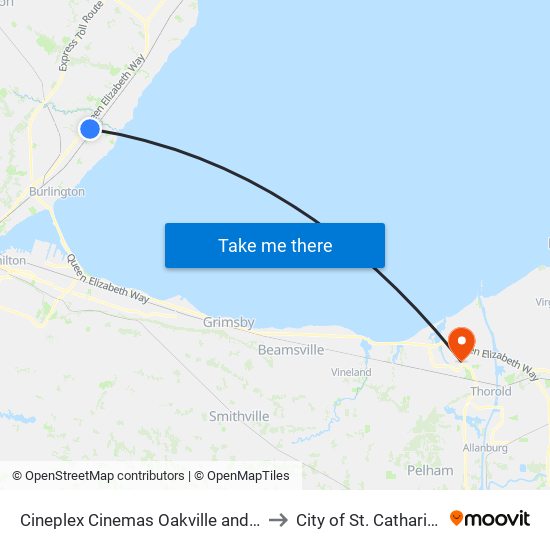 Cineplex Cinemas Oakville and VIP to City of St. Catharines map