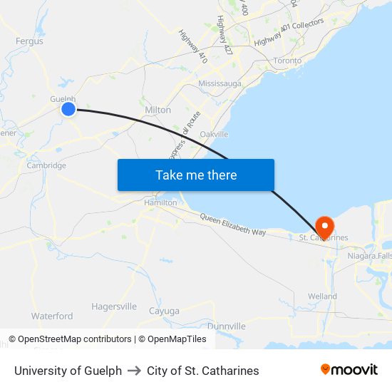 University of Guelph to City of St. Catharines map
