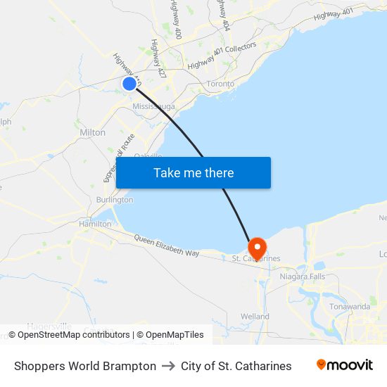Shoppers World Brampton to City of St. Catharines map