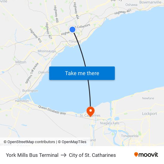 York Mills Bus Terminal to City of St. Catharines map